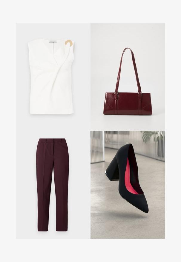 Blouse sans manches blanche avec un design croisé, présentant un détail décoratif en forme d'anneau doré sur l'épaule droite.; Pantalon droit bordeaux avec une texture lisse, présentant un devant plat et sans poches visibles. Coupe ajustée avec une coupe classique.; Chaussure à talon haut noire avec un bout pointu et une tige texturée. Intérieur avec une doublure rose vif. Talon carré avec un accent métallique à la base.; Sac à main bordeaux en matériau brillant, de forme rectangulaire, avec deux anses et des accents légèrement courbés à l'avant.