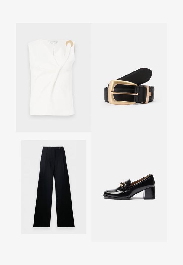 Blouse sans manches blanche avec un design croisé, présentant un détail décoratif en forme d'anneau doré sur l'épaule droite.; Pantalon noir à jambes larges, taille haute, fermeture boutonnée à l’avant, avec passants de ceinture, présenté sur fond blanc.; Mocassins à talons en cuir verni noir avec un bout arrondi, un talon plus épais et un accent en métal doré sur la sangle avant.; Ceinture en cuir noir avec une boucle rectangulaire en or. La ceinture a une texture lisse et un subtil détail de couture le long des bords.
