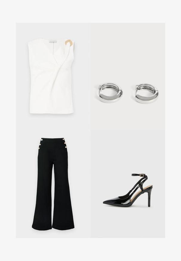 Blouse sans manches blanche avec un design croisé, présentant un détail décoratif en forme d'anneau doré sur l'épaule droite.; Pantalon noir taille haute en denim. Coupe à jambes larges avec quatre boutons dorés en décoration sur le côté. Texture lisse et coupe ajustée.; Escarpin en cuir verni noir à talon haut, avec un bout pointu, une bride réglable à la cheville et des côtés ouverts. Texture lisse.; Paire de petites boucles d’oreilles créoles argentées brillantes avec surfaces lisses et arrondies sur fond blanc uni.