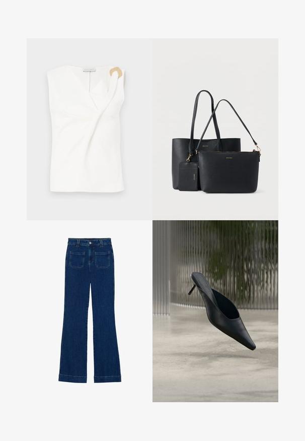 Blouse sans manches blanche avec un design croisé, présentant un détail décoratif en forme d'anneau doré sur l'épaule droite.; Jean flare en denim bleu foncé avec une texture lisse, design à cinq poches et fermeture à bouton à la taille.; Mule noire à bout pointu avec un talon fin et haut flottant au-dessus d'un sol en béton lisse, avec un arrière-plan flou à rayures verticales.; Ensemble de deux sacs en similicuir noir, un grand cabas et un sac plus petit avec fermeture éclair, avec des accents de ferrures dorées et un logo embossé.