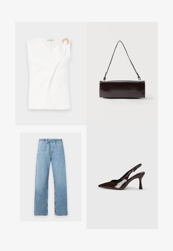 Blouse sans manches blanche avec un design croisé, présentant un détail décoratif en forme d'anneau doré sur l'épaule droite.; Jean en denim bleu clair avec jambes larges, taille élastique et lien à cordon, présenté à plat sur fond blanc.; Talons slingback en cuir verni brun avec un bout pointu, un talon fin, et une sangle réglable avec une petite boucle.; Sac à main rectangulaire en cuir noir avec une longue bandoulière unique et une finition brillante, présenté sur un fond blanc uni.