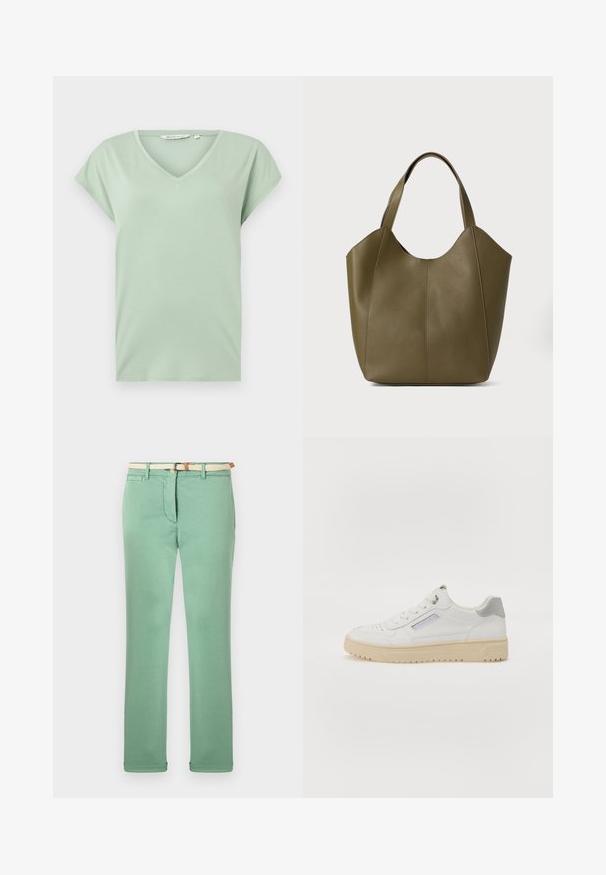 Camiseta de cuello en V color verde menta con mangas cortas, hecha de un tejido suave, con un corte relajado y sin estampados ni herrajes visibles.; Pantalones verde claro de algodón, con un diseño de pierna recta, cinturón de tejido beige y bolsillos frontales. Textura suave con costuras mínimas.; Zapatillas blancas para hombres con una textura suave, detalles en gris, puntera redonda y suela de goma beige. Presentan una etiqueta lateral y detalles perforados.; Bolso tote de piel verde oliva con asas dobles, textura suave y diseño de cuatro paneles. Costura reforzada a lo largo de las costuras para mayor durabilidad.