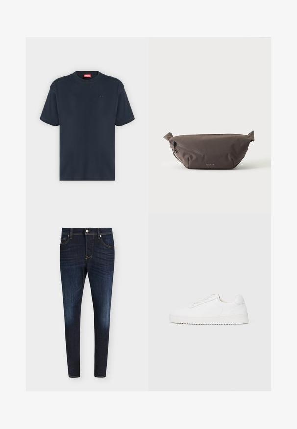 T-shirt noir uni à manches courtes et col rond, avec un petit logo noir sur la poitrine et une étiquette de marque rouge à l'intérieur de l'encolure.; Jean slim bleu foncé avec légère décoloration sur les cuisses, design cinq poches, bouton à l'avant et passants de ceinture sur fond blanc.; Sneaker blanc avec une tige en cuir lisse, bout rond, lacets, accents latéraux texturés et une épaisse semelle en caoutchouc. Design minimaliste.; Sac banane en tissu marron foncé avec poche zippée en diagonale et petit logo blanc sur le devant, sur un fond clair uni.