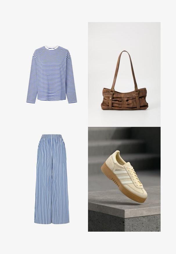 Overhemd met lange mouwen met horizontale blauw-witte strepen en een ronde witte halslijn, afgebeeld op een witte achtergrond.; Wijdlopende broek in blauw-witte verticale strepen, met een elastische tailleband en een lichte stof voor comfort en ademend vermogen.; Beige suède sneaker met gumzool, witte strepen en "SPEZIAL" branding, zwevend boven een grijs trapvormig betonnen oppervlak.; Even&Odd Handtas - brown
