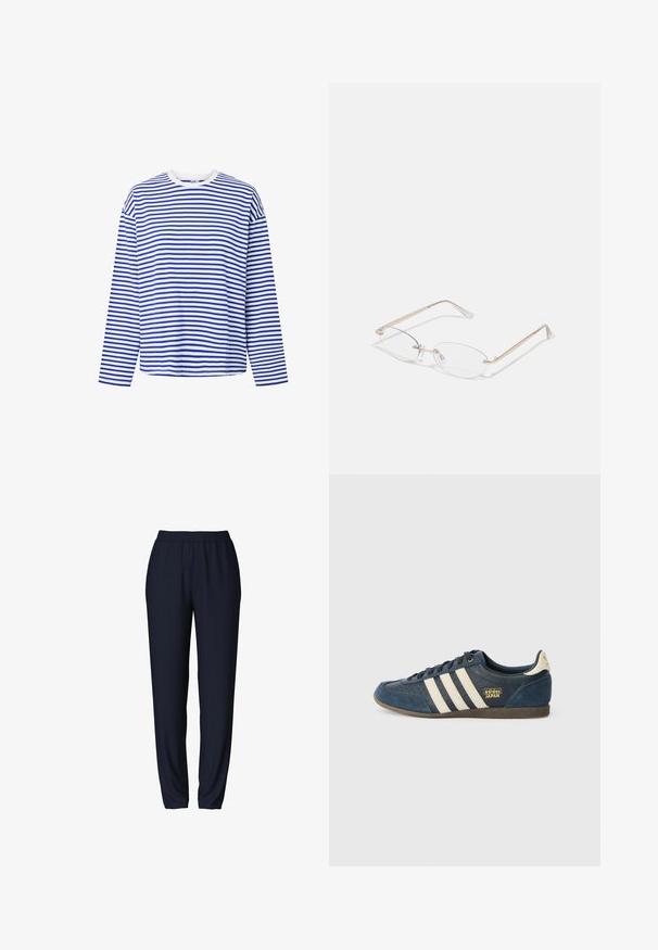 Camisa de manga larga con rayas horizontales azules y blancas y cuello redondo blanco, mostrada sobre un fondo blanco.; Pantalones de chándal azul marino con cinturilla elástica, diseño de pierna ajustada y textura suave. Adecuados para uso casual o deportivo.; Zapatillas de ante azul marino con rayas crema, zona de punta texturizada, logo dorado "adidas JAPAN" y suela de goma marrón. Diseño clásico de corte bajo.; Gafas de metal dorado con lentes ovalados, brazos delgados y almohadillas nasales transparentes. Presentan sutiles acentos en las bisagras y lentes transparentes.