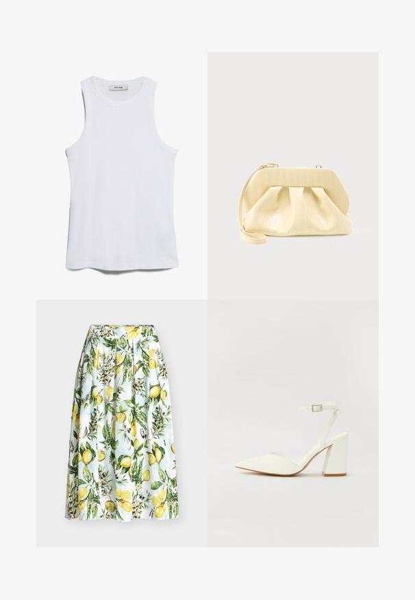 Débardeur blanc à côtes, avec un col rond et de larges emmanchures. Présente une texture lisse et un ourlet droit. L'étiquette indique "IVY OAK."; Jupe blanche plissée avec un motif de citrons jaunes, de feuilles vertes et de petites fleurs blanches, créant un look frais et botanique.; Sandale blanche à talon avec un bout pointu, sangle de cheville réglable et un talon carré épais. Texture lisse avec des détails de couture minimaux.; Pochette en cuir couleur crème avec un cadre supérieur structuré et une lanière pour poignet, présentée sur un fond clair uni.