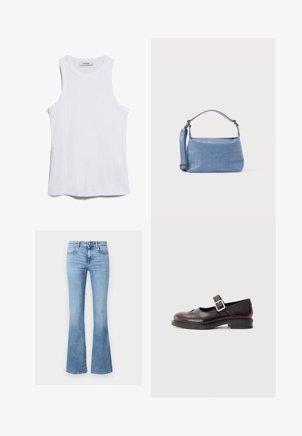 Witte geribbelde tanktop met een ronde hals en brede armsgaten. Heeft een soepele textuur en een rechte zoom. Etiket zegt "IVY OAK."; Lichtblauwe denimjeans met een hoge taille, klassieke vijfzakkenstijl, knoopsluiting en licht uitlopende pijpen.; Mary Jane-stijl schoen in donker bordeaux gepatenteerd leer, met geperforeerde details en een gespsluiting. Lage blokhak, ronde neus.; Lichtblauwe handtas met krokodillenprint, voorzien van een korte handgreep en een afneembare schouderriem. Gladde textuur met een ritssluiting.