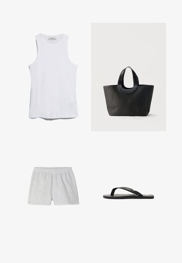 Hvid ribbet top med rund hals og brede ærmegab. Har en glat tekstur og en lige kant. Mærket læser "IVY OAK."; American Vintage SHORT FEMME ATUBAY - Træningsbukser - arctique chine; Sort flip-flop sandal med flad sål, tekstureret sort indersål, glatte stropper og en lille gul accent nær tåposten.; Sort tekstureret totetaske med brede rundede håndtag med præget brandnavn "Samsøe Samsøe" på neutral baggrund.