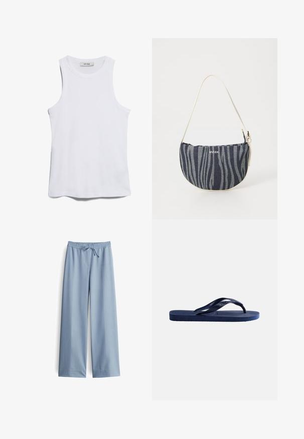 Weißes, geripptes Tanktop mit Rundhalsausschnitt und weitenArmausschnitten. Es hat eine glatte Textur und einen geraden Saum. Das Etikett trägt die Aufschrift "IVY OAK."; Helle blaue weite Hosen aus glattem Stoff, mit einem elastischen Bund und Kordelzug, ohne sichtbare Taschen oder zusätzliche Details.; Dunkelblaue Gummi-Zehensandale mit strukturierter Sohle und Y-förmigem Riemen auf schlichtem hellem Hintergrund.; Denim-Handtasche mit geschwungener Form, die ein navy- und hellblaues Zebra-Streifenmuster aufweist, einen weißen Trageriemen hat und das Markenlogo prominent präsentiert.