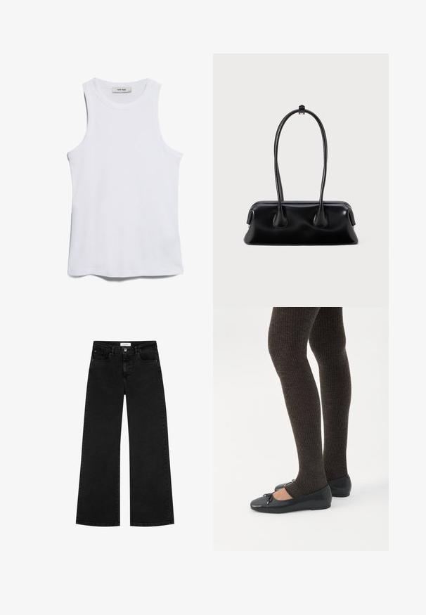 Débardeur blanc à côtes, avec un col rond et de larges emmanchures. Présente une texture lisse et un ourlet droit. L'étiquette indique "IVY OAK."; Jean large noir taille haute avec poches avant et poches à monnaie, fermeture à bouton et passants de ceinture.; Jambes portant des leggings côtelés foncés associés à des ballerines noires avec de petits détails en nœud sur fond blanc.; Sac à main en cuir noir avec deux poignées allongées, une texture lisse et une base arrondie, ornée d'accents décoratifs sur les côtés.