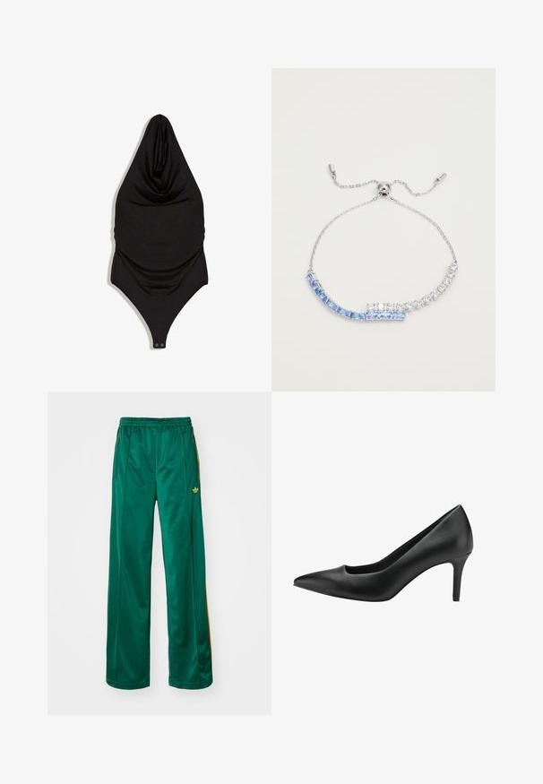 Sort ærmeløs bodystocking med høj draperet hals og trykknapper ved skridtet, vist fladt på en hvid baggrund.; Grønne satin atletikbukser med en afslappet pasform, der har gule stribeaccenter og et broderet logo på venstre side. Elastisk talje.; Sort læder højhælet sko med spidse tå, der har et udskæringsdesign og en slank stiletto hæl. Glat tekstur og strømlinet silhuet.; Sølv kædearmbånd med skiftende rektangulære lyseblå og runde klare sten, med en justerbar lås for en sikker pasform.