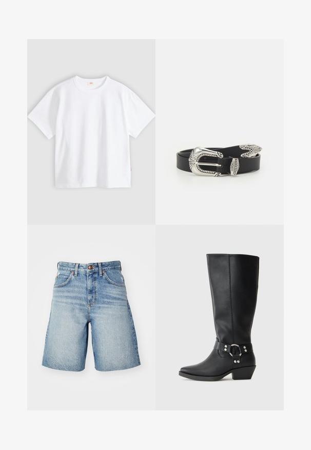 Weißes Baumwoll-T-Shirt mit kurzen Ärmeln, rundem Ausschnitt, lockerer Passform, glatter Textur und einem kleinen Logetikett an der linken Seitennaht.; Jeansshorts in Hellblau mit hoher Taille, ausgestattet mit einem Knopfverschluss, fünf Taschen und leichter Verblassung für einen abgenutzten Look.; Schwarze Lederstiefel bis zum Knie mit spitzem Zehenabschluss, ausgestattet mit einem dekorativen Knöchelriemen und silbernen Hardware-Elementen. Niedriger Blockabsatz.; Schwarzer Ledergürtel mit einer großen silbernen Metallschnalle, die über feine Verzierungen und dekorative Akzente an beiden Enden verfügt.