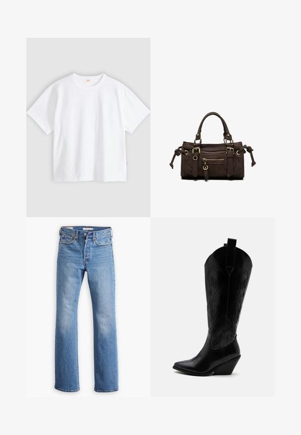 Weißes Baumwoll-T-Shirt mit kurzen Ärmeln, rundem Ausschnitt, lockerer Passform, glatter Textur und einem kleinen Logetikett an der linken Seitennaht.; Blaue Jeans aus Denim mit geradem Bein, hoher Taille, klassischer Fünf-Taschen-Optik und auffälligen Verblassungen an den Oberschenkeln.; Schwarzer Leder-Cowboystiefel mit spitzer Zehe, schrägem Blockabsatz, dekorativer Naht und Zuglaschen oben vor weißem Hintergrund.; Dunkelbraune Lederhandtasche mit doppelten Griffen, vorderer Reißverschlusstasche, dekorativen Schnallen und seitlichen Knoten auf weißem Hintergrund.