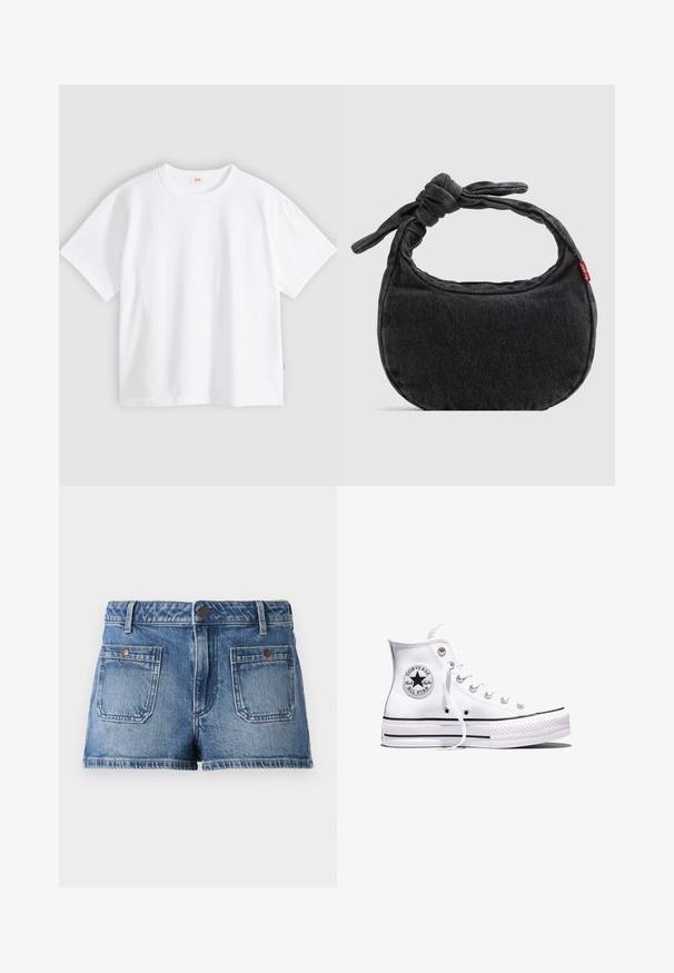 Camiseta blanca de algodón con mangas cortas, cuello redondo, ajuste holgado, textura suave y una pequeña etiqueta con logotipo en la costura del lado izquierdo.; Pantalones cortos de mezclilla en azul claro con un acabado desvaído, diseño de cinco bolsillos, dos bolsillos frontales, dos bolsillos traseros y una cintura con botón.; Zapatilla Converse Chuck Taylor All Star blanca de caña alta con rayas negras y parche de logo en el lateral, mostrada sobre un fondo blanco liso.; Bolso pequeño de hombro de mezclilla negra con correa anudada y cierre de cremallera, con una etiqueta de tela roja de Levi's en el lateral.