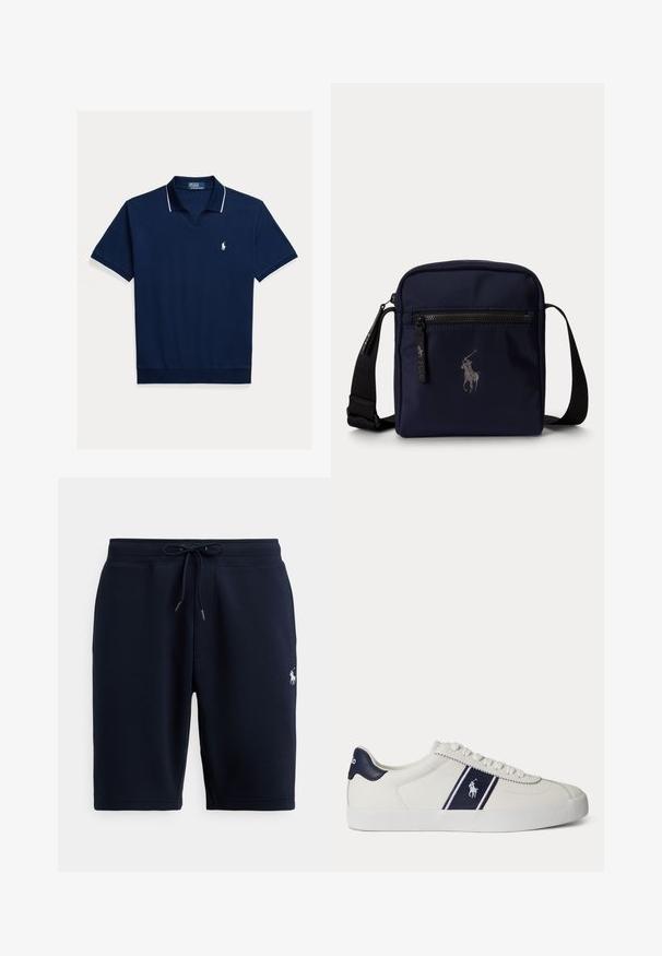 Polo bleu marine en coton, avec col en V, manches courtes, liseré blanc sur le col et les manches, avec un petit logo sur la poitrine.; Shorts de sport en coton bleu marine avec taille élastique, cordon de serrage et logo sur le côté gauche. Texture lisse, longueur au genou.; Baskets basses blanches avec bande et logo bleu marine sur le côté, languette de talon bleu marine, semelle blanche plate et lacets blancs.; Petit sac bandoulière bleu marine avec bandoulière noire réglable, poche zippée à l'avant et logo brodé d'un joueur de polo au centre.