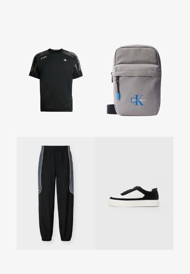 Sort atletisk T-shirt lavet af letvægtsstof, med mesh skulderpaneler, korte ærmer og hvide adidas og F50 logoer.; Sorte træningsbukser med mørkegrå sidelommer og hvid piping, elastisk talje og benafslutninger, vist mod en hvid baggrund.; Lave sneakers med sort ruskind og hvide læderpaneler, sorte snørebånd og tyk hvid gummisål, vist fra ydersiden.; Lille grå Calvin Klein crossbody-taske med lynlåslomme foran, sort rem og blå "cK"-logo broderet.