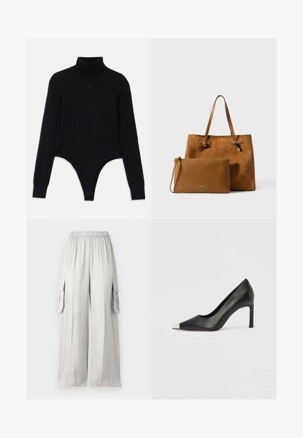 Bodysuit noir à col roulé en tissu doux, avec des manches longues, un ajustement près du corps et un bas en style string pour une silhouette épurée.; Pantalons larges gris clair en tissu lisse, dotés d'une taille élastique et de deux poches cargo latérales.; Chaussure à talon haut en cuir noir avec bout pointu et capuchon argenté métallique. Présente une finition lisse et un talon fin de 10 cm.; Sac fourre-tout en cuir marron avec texture en daim, deux poignées et liens ; comprend une petite pochette assortie avec une finition lisse et une fermeture éclair.