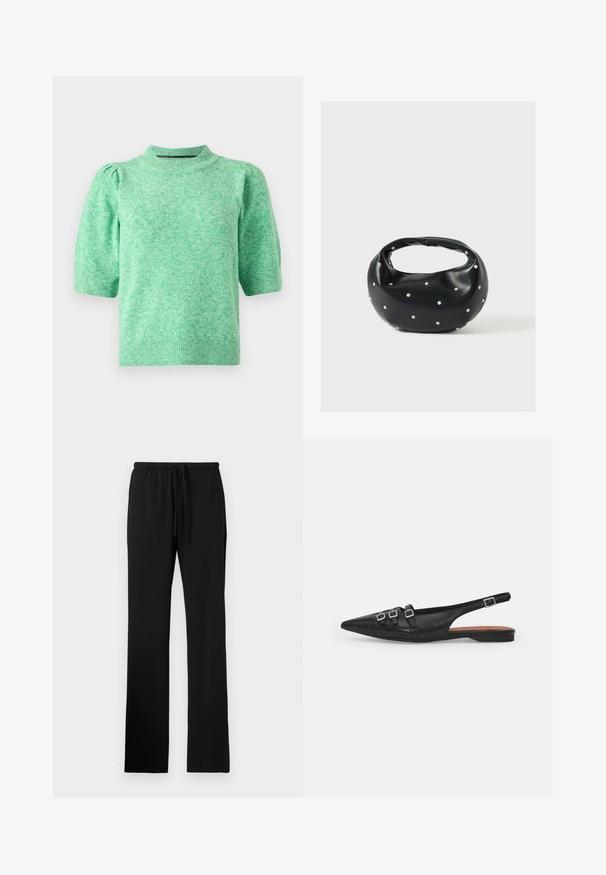 Jersey de manga corta en verde claro, confeccionado en tejido de punto texturizado. Cuenta con cuello alto y mangas fruncidas.; Pantalones con cintura elástica negra y cordón, con una textura suave y piernas rectas de longitud completa sin bolsillos.; Zapato plano slingback de cuero negro con puntera puntiaguda, que presenta dos correas horizontales y hebillas plateadas cuadradas, tacón bajo y textura suave.; Bolso de mano de cuero negro con forma redondeada, decorado con detalles de tachuelas plateadas y un asa corta. Textura lisa y cierre con cremallera.