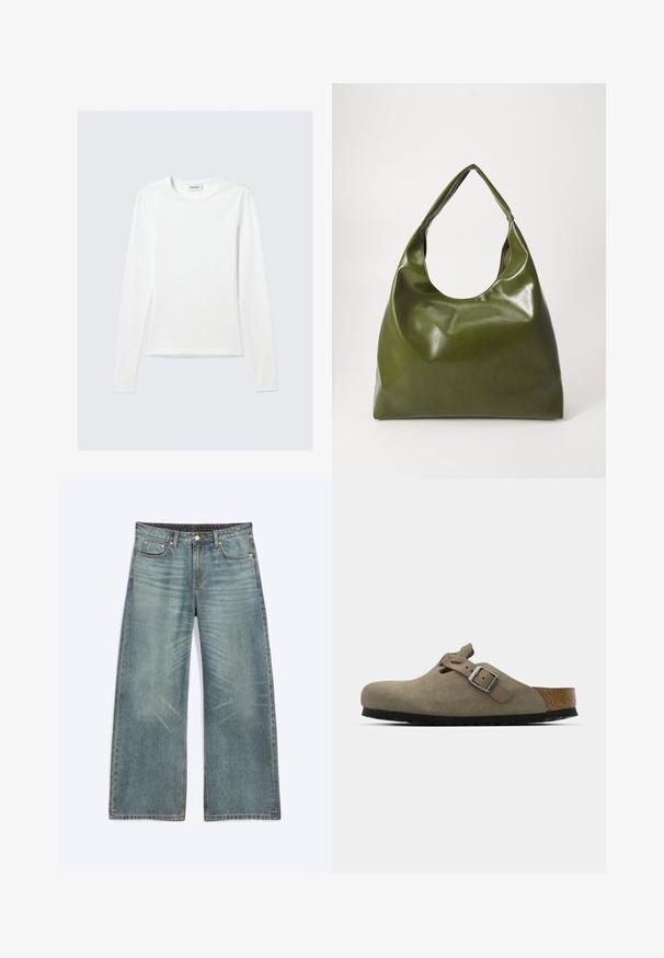 Effen wit shirt met lange mouwen en ronde hals, slim fit, afgebeeld tegen een lichtgrijze achtergrond.; Blauwe wijde denim jeans met voorzakken, riemlussen, knoopsluiting en subtiele vervaagde details op dijen en knieën.; Suède klompen in licht olijfgroen met een gevormde kurk- en rubberen zool. Voorzien van een zijriem met een metalen gesp en een ronde neus.; Groene leren hobotas met een slordig ontwerp, gebogen handvat en een gladde textuur. Bevat geen zichtbare hardware of accenten.