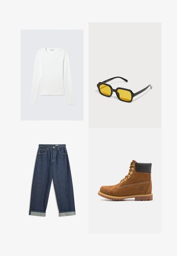 Langärmliges, schlichtes weißes Rundhals-Shirt mit schlanker Passform, dargestellt vor einem hellgrauen Hintergrund.; Dunkelblaue, weit geschnittene Jeans aus Denim mit umgeschlagenen Säumen, vorderem Knopf und Reißverschluss, Gürtelschlaufen und fünf Taschen.; Braune Wildleder-Stiefelette mit schwarzem gepolstertem Kragen, goldenen Ösen, Schnürung an der Vorderseite und Gummisohle mit strukturiertem Muster.; Schwarze rechteckige Sonnenbrillen mit gelben Gläsern. Merkmale sind dicke Rahmen und ein kantiges Design mit einer glatten, glänzenden Oberfläche.