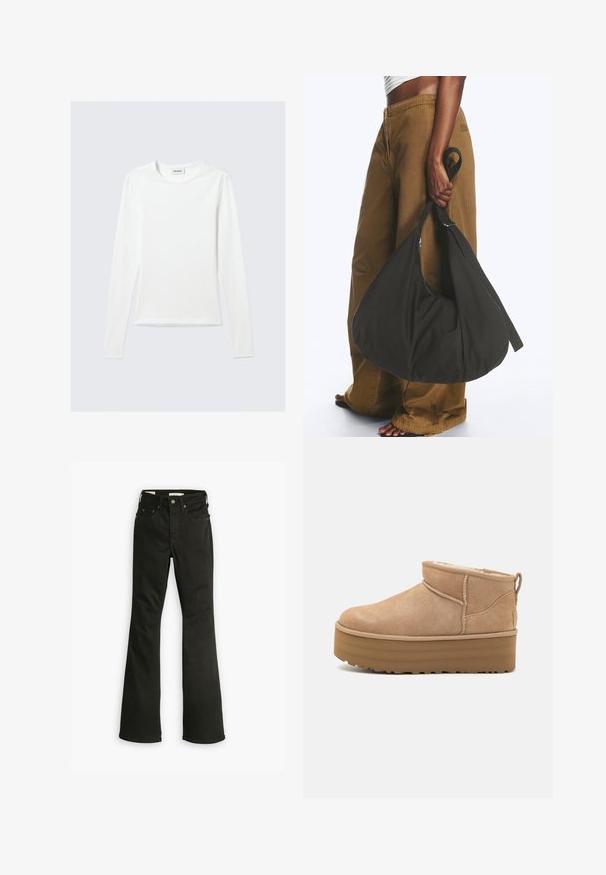 Langærmet, enkel hvid T-shirt med rund halsudskæring og tætsiddende pasform, vist mod en lysegrå baggrund.; Sorte flared jeans lavet af denim. Har et klassisk fem-lomme design med lynlås, kraftig syning og en ren kant.; Beige ruskinds ankelstøvler med et blødt indre, der har en platformssål og en strop bagpå for nem påtagning. Tekstureret gummisål.; Person iført brune vidde bukser og hvid top holder en stor sort blød håndtaske i remmen ved siden.