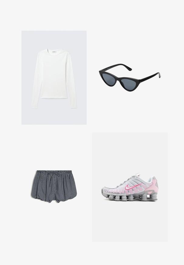 Langärmliges, schlichtes weißes Rundhals-Shirt mit schlanker Passform, dargestellt vor einem hellgrauen Hintergrund.; Marineblaue und weiß karierte Shorts mit elastischem Bund und vorderem Kordelzug, auf weißem Hintergrund dargestellt.; Nike Sportschuh in Weiß und Hellrosa. Mit einem Obermaterial aus Mesh und einer markanten, gewölbten Sohle mit sichtbarer Luftpolsterung.; Schwarze Cat-Eye-Sonnenbrille mit dunkelgrauen Gläsern, schlankem Kunststoffrahmen, spitzen Ecken und geraden Bügeln. Keine sichtbaren Befestigungen oder Akzente.