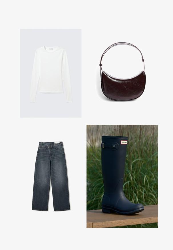 Langærmet, enkel hvid T-shirt med rund halsudskæring og tætsiddende pasform, vist mod en lysegrå baggrund.; Mørk vaskede denim jeans med en bred benudskæring, der har høj talje, fem lommer og diskrete slidser på forsiden.; Marine gummistøvle med rund tå, tekstureret overflade, justerbar spænde detaljer og Hunter-logo nær toppen. Stabilt sål med mønster.; Brun læderhåndtaske med en buet, halvcirkelformet silhouette. Den har en lang, justerbar rem og en glat, blank overflade.