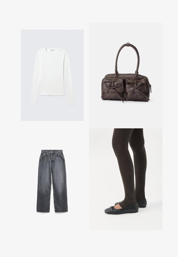 Effen wit shirt met lange mouwen en ronde hals, slim fit, afgebeeld tegen een lichtgrijze achtergrond.; Donkergrijze rechte jeans met voorzakken, riemlussen, knoop en ritssluiting.; Benen met donkere geribbelde leggings gecombineerd met zwarte ballerina's met kleine strikdetails op een witte achtergrond.; Bruine leren handtas met twee voorzakken met strikjes, ronde handvatten en een ritsafsluiting. Gladde textuur met een subtiele glans.