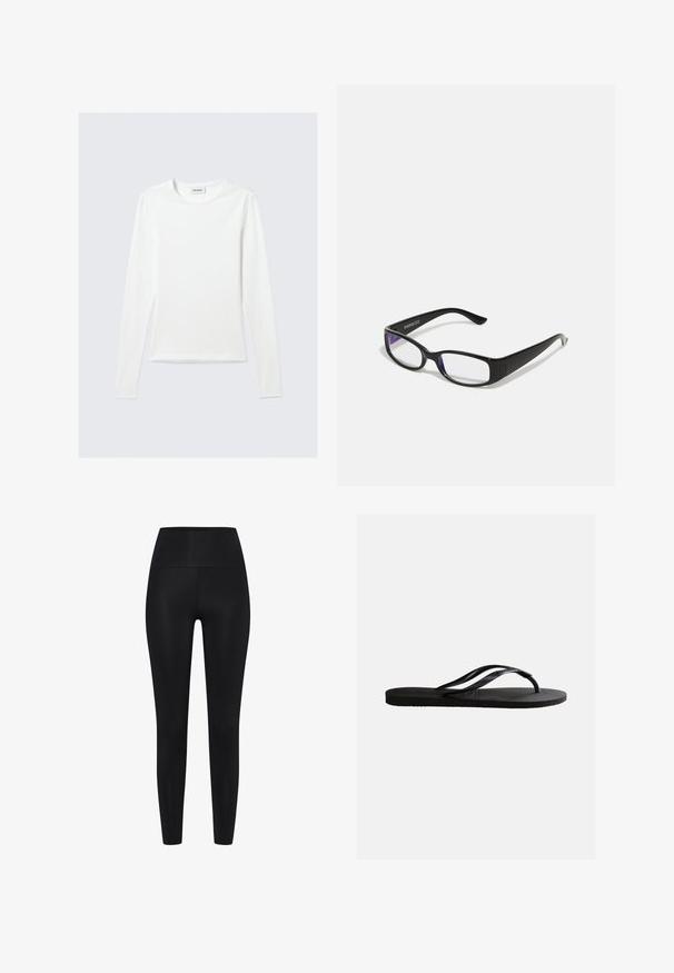 Langærmet, enkel hvid T-shirt med rund halsudskæring og tætsiddende pasform, vist mod en lysegrå baggrund.; Sorte leggings lavet af strækbart stof. Høj talje design, glat tekstur, tætsiddende silhuet, ingen synlige mønstre eller accenter.; Sort gummiflip-flop sandal med tekstureret fodseng og tynde Y-formede remme på en ensartet hvid baggrund.; Sorte rektangulære briller med klare linser. Blank finish, smalle stænger, og lilla nuance synlig i kanterne af linsen.