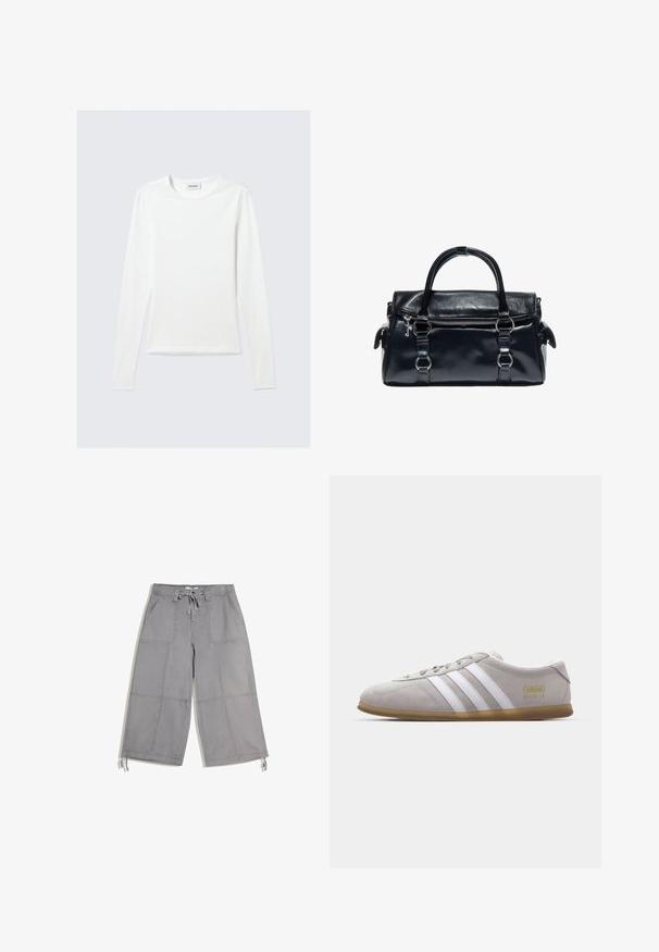 T-shirt blanc uni à manches longues avec col rond et coupe slim, présenté sur un fond gris clair.; Pantalon gris à jambes larges coupé-courte avec poches plaquées à l’avant, taille à cordon et liens ajustables à l’ourlet.; Baskets en daim gris avec des rayures en cuir blanc et un logo doré. Semelle en gomme plate, bout rond et design classique à lacets.; Sac à main en cuir noir avec double poignée, poche zippée avant et détails en anneaux métalliques argentés sur fond blanc.