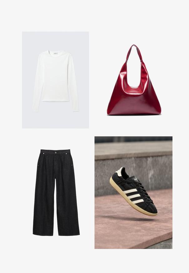T-shirt blanc uni à manches longues avec col rond et coupe slim, présenté sur un fond gris clair.; Pantalon en denim noir à jambes larges avec une taille haute, doté d'un bouton à l'avant, de deux poches latérales et de détails de couture subtils.; Baskets Adidas noires avec des bandes blanches et une semelle beige, capturées en plein air au-dessus d'une surface en pierre et d'un mur en pierre en arrière-plan.; Sac à main en cuir laqué rouge de forme triangulaire, avec une large ouverture en haut et une seule anse courbée. Texture lisse avec des détails de couture minimaux.