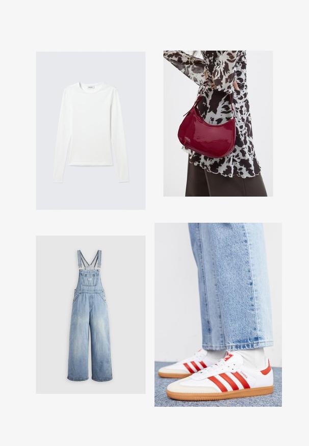 Effen wit shirt met lange mouwen en ronde hals, slim fit, afgebeeld tegen een lichtgrijze achtergrond.; Lichtblauwe denim overall met wide benen, verstelbare schouderbanden, een voorzak en metalen knopen aan de zijkanten. Klassieke stijl met een ontspannen pasvorm.; Witte leren sneakers met rode strepen en accenten. Voorzien van een getextureerde gumrubberen outsole en een gevoerde kraag. Draag ze met lichtblauwe denim.; Vrouw met een zwart-wit gebloemde blouse houdt een glanzende rode schoudertas vast tegen een effen achtergrond.