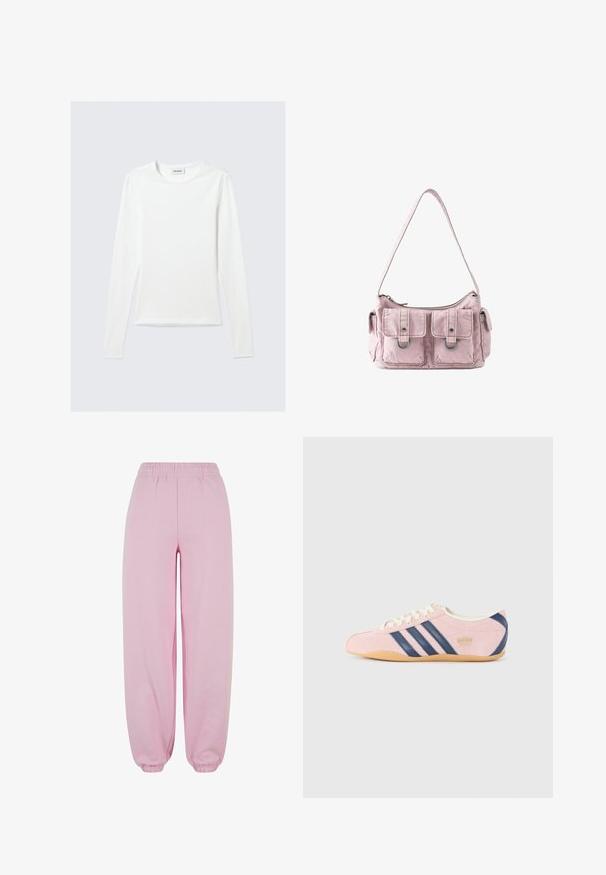 Langærmet, enkel hvid T-shirt med rund halsudskæring og tætsiddende pasform, vist mod en lysegrå baggrund.; Urban Classics Træningsbukser - softpink; Lyserøde sneakers lavet af ruskind med marineblå Striber og detaljer. Har en lys cremefarvet tunge og snørebånd, samt en gummisål.; Lille lyserød skuldertaske i stof med to forlommer, hver sikret med en klap og metalring, samt lukning med en top lynlås.