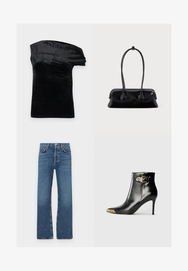Haut en velours noir à une épaule avec une manche courte sur le côté droit et une silhouette ajustée.; Jean bleu en denim, avec une coupe droite, cinq poches, une fermeture à boutons et des zones légèrement décolorées au niveau des cuisses.; Bottine noire en cuir brillant, avec un bout pointu, un talon aiguille, et des accessoires dorés ornés d'une boucle décorative.; Sac à main en cuir noir avec deux poignées allongées, une texture lisse et une base arrondie, ornée d'accents décoratifs sur les côtés.