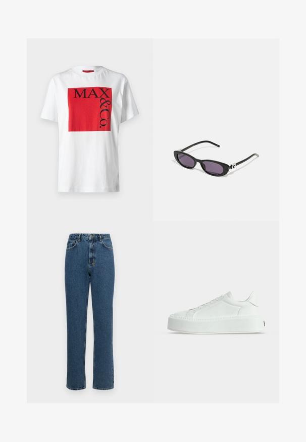 Hvid bomulds T-shirt med et iøjnefaldende rødt rektangulært grafik med sort tekst "MAX & Co." i varierende størrelser, afslappet pasform, korte ærmer.; Højtaljede straight-leg jeans i mørkeblå denim. Har en knap- og lynlåslynlås, fem lommer og en let falmet tekstur.; Hvid lavtop sneaker med tekstureret læder, tyk platåsål og snørelukning, vist i profil på ensfarvet baggrund.; Gucci Solbriller - black/grey
