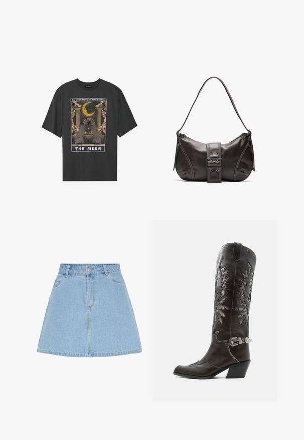 Mørkegrå oversized t-shirt med grafisk print, der indeholder en halvmåne, søjler og to katte. Teksten nedenfor lyder "MÅNEN."; Lyseblå denim A-formet nederdel med frontknapper og lynlås, bæltestropper og to forlommer.; Sort læder cowboystøvle med dekorative udskæringer, sølvspænde og skrå hæl, vist på hvid baggrund.; Brun læder skuldertaske med en buet form, der har et fremtrædende spænde, kontrasterende syninger og en enkelt skulderrem.