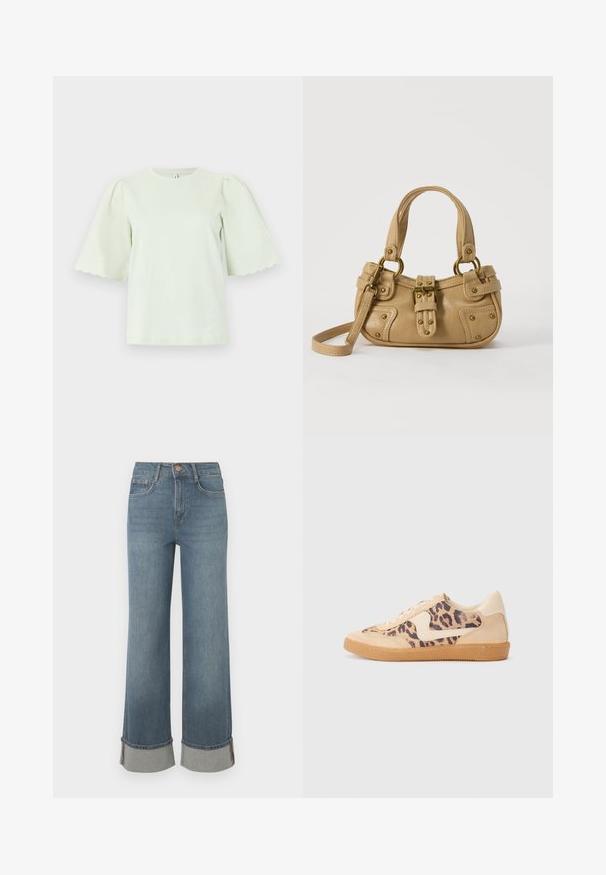 Pastelgroene blouse met korte mouwen, gegolfde wijde mouwen en een ronde halslijn, afgebeeld op een effen achtergrond.; Wijdvallende blauwe denim jeans hebben een hoge taille, opgerolde hems met grijze accenten, een vijf-pocket ontwerp en een knoopsluiting aan de voorkant.; Luipaardprint sneakers met een beige suède bovenkant, tan rubberen zool en witte accenten. Ronde neus en vetersluiting met een gestructureerde afwerking.; Beige leren handtas met dubbele handvatten, messing gesps en klinknagel details, en een verstelbare schouderriem tegen een witte achtergrond.