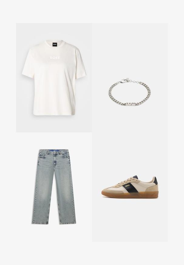 T-shirt en coton blanc avec un col rond, des manches courtes, et un logo "BOSS" embossé sur la poitrine. Texture douce et coupe décontractée.; Jean large bleu clair en denim, avec des zones délavées, cinq poches et une ceinture bleue à logo.; BOSS BRENTA - Baskets basses - medium beige; Bracelet en métal argenté composé de segments entrelacés, avec une fermeture à clip et un détail central portant l'inscription "BOSS".