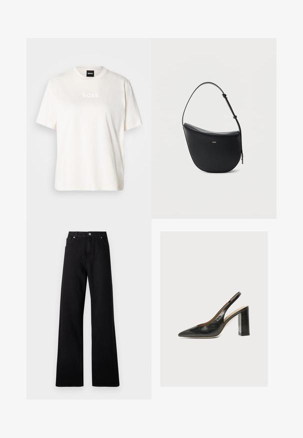 T-shirt en coton blanc avec un col rond, des manches courtes, et un logo "BOSS" embossé sur la poitrine. Texture douce et coupe décontractée.; Jean large noir en denim avec un design à cinq poches, fermeture à bouton à l'avant et détails de couture subtils.; Chaussure slingback femme en cuir noir avec bout pointu et talon bloc épais et haut sur fond blanc.; Sac à bandoulière en cuir noir en forme de demi-lune avec une bandoulière réglable et le logo doré « BOSS » centré sur le devant.