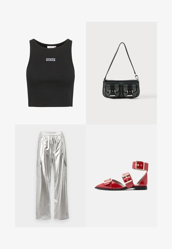 Sort, ribbet crop top med høj hals og logo broderet i hvid. Har et tætsiddende design og en glat tekstur.; MCM METALLIC PANTS - Cargobukser - silver; Rød laklæder flad sko med spids tå, tre store gyldne spænder over foden og anklen samt sort sål på hvid baggrund.; Sort struktureret håndtaske med perforeret design, der har to frontlommer med spænder, sølvhardware og en aftagelig rem.