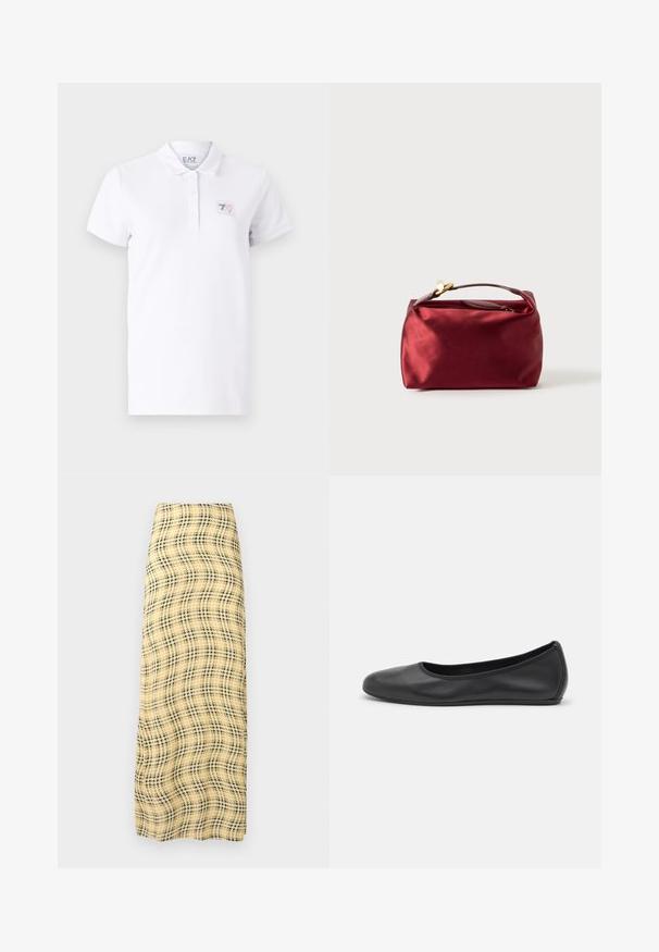 Polo shirt blanc en coton avec une patte de boutonnage à deux boutons. Il présente un petit patch logo imprimé sur la poitrine gauche et des manches courtes.; Rabanne Jupe longue - green/yellow/cream; Ballerines en cuir noir avec un bout rond, texture lisse, détails de couture minimalistes et design de semelle flexible.; Trousse de maquillage en satin bourgogne de forme rectangulaire, avec fermeture éclair et une poignée courte. Présente un design minimaliste et une texture lisse.