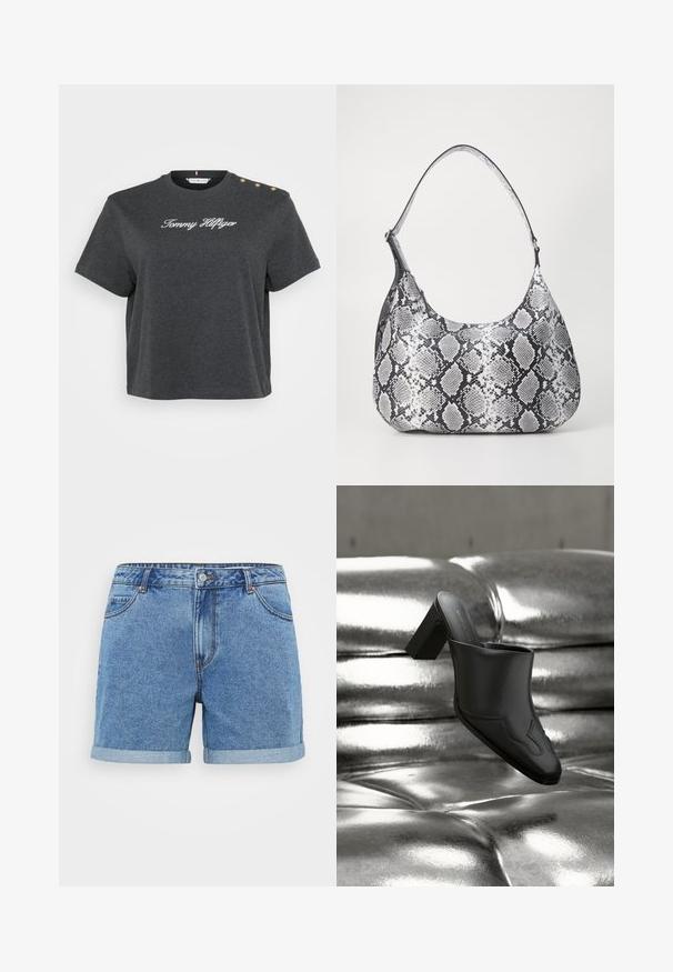 Mørk grå bomulds t-shirt med korte ærmer, med hvid "Tommy Hilfiger" tekst og gyldne knapdetaljer på den ene skulder.; Lysblå denimshorts med opfoldet kant, fem-lomme design, knaplukning og syede detaljer. Fremstillet af bomuldsstof.; Sort lædermule med blokhæl hvilende på en skinnende sølvpolstret overflade, der fremhæver dens elegante design og buede detaljer.; Sort-hvid slangemønster skuldertaske med en rund form, glat tekstur og en buet rem. Har et sølvfarvet hardware-accents.