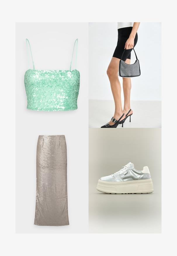 Gina Tricot CROP - Top - light green; Falda midi plateada y brillante cubierta de lentejuelas, con una silueta recta y un dobladillo que cae por debajo de la rodilla. Textura suave.; Zapatilla de plataforma gruesa con parte superior metálica plateada, cordones blancos y suela gruesa texturizada de color crema, mostrada en perfil lateral sobre un fondo neutro.; Bolso de cuentas negras con una silueta curva, asa de transporte y textura brillante. Llevado con zapatos de tacón altos negros y pantalones cortos negros ajustados.