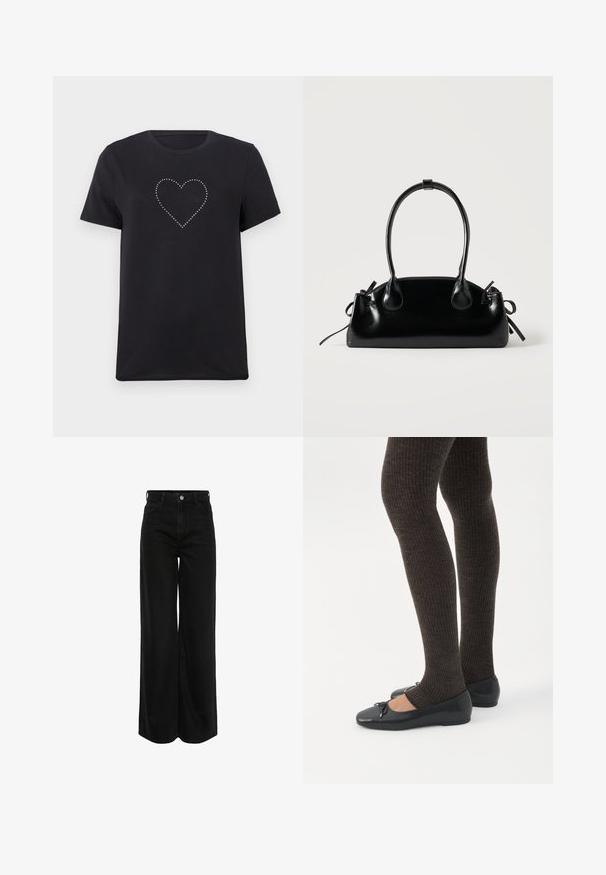 Camiseta de algodón negra con escote redondo y mangas cortas, que presenta un diseño de corazón creado con tachuelas plateadas en la parte delantera.; Jeans de mezclilla negra de pierna ancha con cinturilla alta, diseño de cinco bolsillos y herrajes plateados. La tela tiene un acabado suave y ligeramente texturizado.; Piernas con leggings oscuros acanalados combinados con bailarinas negras que presentan pequeños detalles de lazo sobre un fondo blanco.; Pequeño bolso negro brillante con dos asas largas y detalles de cordón lateral sobre un fondo claro liso.