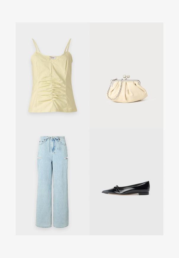 Lichtgele mouwloze top met verstelbare bandjes en geplooide details aan de voorkant. Gemaakt van een gestructureerde stof, met een V-hals.; Lichtblauwe denim wijde pijpen jeans met een trekkoord in de taille, featuring twee scheuren op de knieën en een nette zoom. Zachte textuur met een relaxte pasvorm.; Zwarte gepatenteerde leren platte schoen met een puntige neus, een kleine decoratieve band en een lage blokhak. Gladde textuur en strak ontwerp.; Geplooide beige leren clutch met een zilveren metalen frame, voorzien van twee ronde decoratieve sluitingen en een zilveren kettingriem.