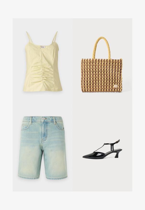 Lichtgele mouwloze top met verstelbare bandjes en geplooide details aan de voorkant. Gemaakt van een gestructureerde stof, met een V-hals.; Lichtblauwe denim shorts met een vervaagde afwerking, voorzien van een vijf-pocket design, zichtbare stiksels en een metalen knoopsluiting bij de tailleband.; Zwarte pumps van lakleer met spits toelopende neus, T-strap en lage schuine blokhak op witte achtergrond.; Geweven tas in bruin en geel, met een rechthoekige vorm, twee handvatten en een textuurafwerking met zichtbare stiksels en een merketiket.