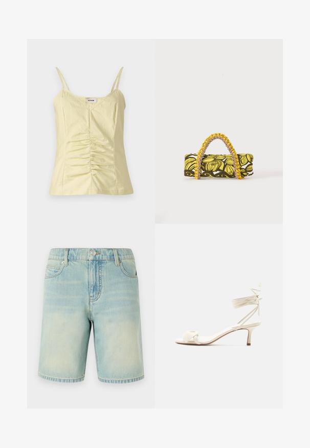 Helles gelbes ärmelloses Top mit verstellbaren Trägern und gerafften Details an der Vorderseite. Hergestellt aus einem strukturierten Stoff mit V-Ausschnitt.; Hellblaue Denim-Shorts mit einem verblassten Finish, ausgestattet mit einem Fünf-Taschen-Design, sichtbaren Nähten und einem Metallknopfverschluss am Bund.; Sandale in Cremefarben mit niedrigem Absatz, Knöchelriemen zum Binden und breitem, verdrehtem Riemen über den Zehen auf weißem Hintergrund.; Rechteckige Tasche mit gelbem und schwarzem Blumenmuster und geflochtenem gelb-pinkem Griff auf weißem Hintergrund.