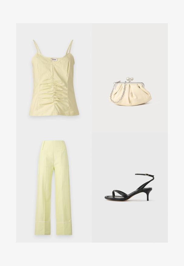 Débardeur jaune clair sans manches avec des bretelles réglables et des détails froncés à l'avant. Fabriqué à partir d'un tissu texturé, il présente un col en V.; Pantalon large en tissu jaune pâle avec une texture lisse. Dispose d'une taille haute et d'une couture contrastante le long de l'ourlet.; Sandale pour femme en cuir noir avec fines lanières, une boucle d'orteil, une boucle à la cheville et un talon aiguille de hauteur moyenne sur un fond neutre.; Pochette en cuir beige plissé avec un cadre en métal argenté, dotée de deux fermoirs ronds décoratifs et d'une chaîne en argent.
