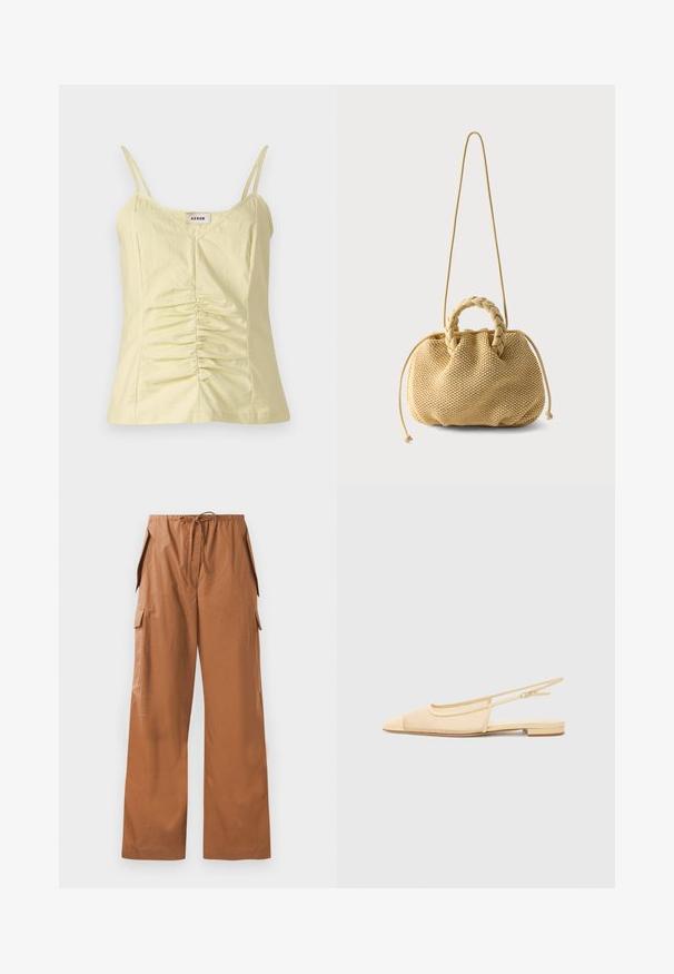 Débardeur jaune clair sans manches avec des bretelles réglables et des détails froncés à l'avant. Fabriqué à partir d'un tissu texturé, il présente un col en V.; Pantalons cargo marron à jambes larges en tissu léger, avec une taille élastique et un cordon de serrage ainsi que des poches latérales.; Chaussure plate slingback en beige clair avec une tige en maille, un bout pointu et un petit talon. Dotée d'une sangle ajustable pour un bon maintien.; Sac à main tissé beige avec poignées supérieures tressées, côtés à cordon de serrage et une longue bandoulière fine sur fond blanc uni.