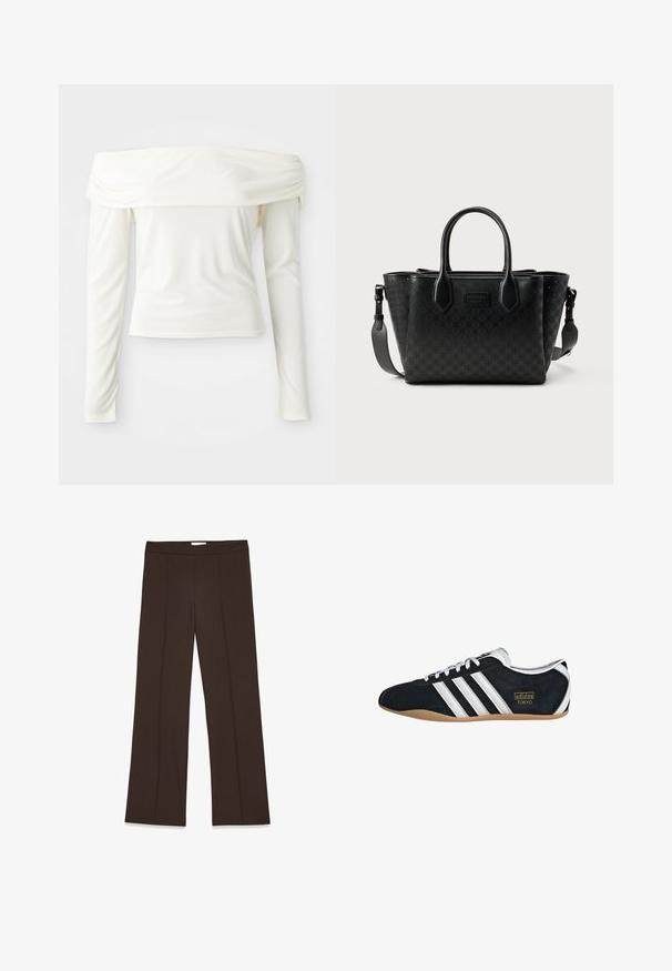 Blusa de manga larga con los hombros al descubierto en color blanco crema, hecha de una tela suave con un corte ajustado y detalle fruncido en el escote.; Pantalones marrones de pierna ancha confeccionados en una tela suave; presentan pliegues frontales y una cinturilla estándar. Diseño minimalista sin cierre visible.; Zapatillas de ante negro con tres franjas blancas, logotipo dorado y suela de goma marrón. Presentan un diseño de cordones de perfil bajo.; Bolso de mano de cuero negro acolchado con dos asas, correa de hombro desmontable y sutil patrón de diamantes perforados sobre un fondo liso.